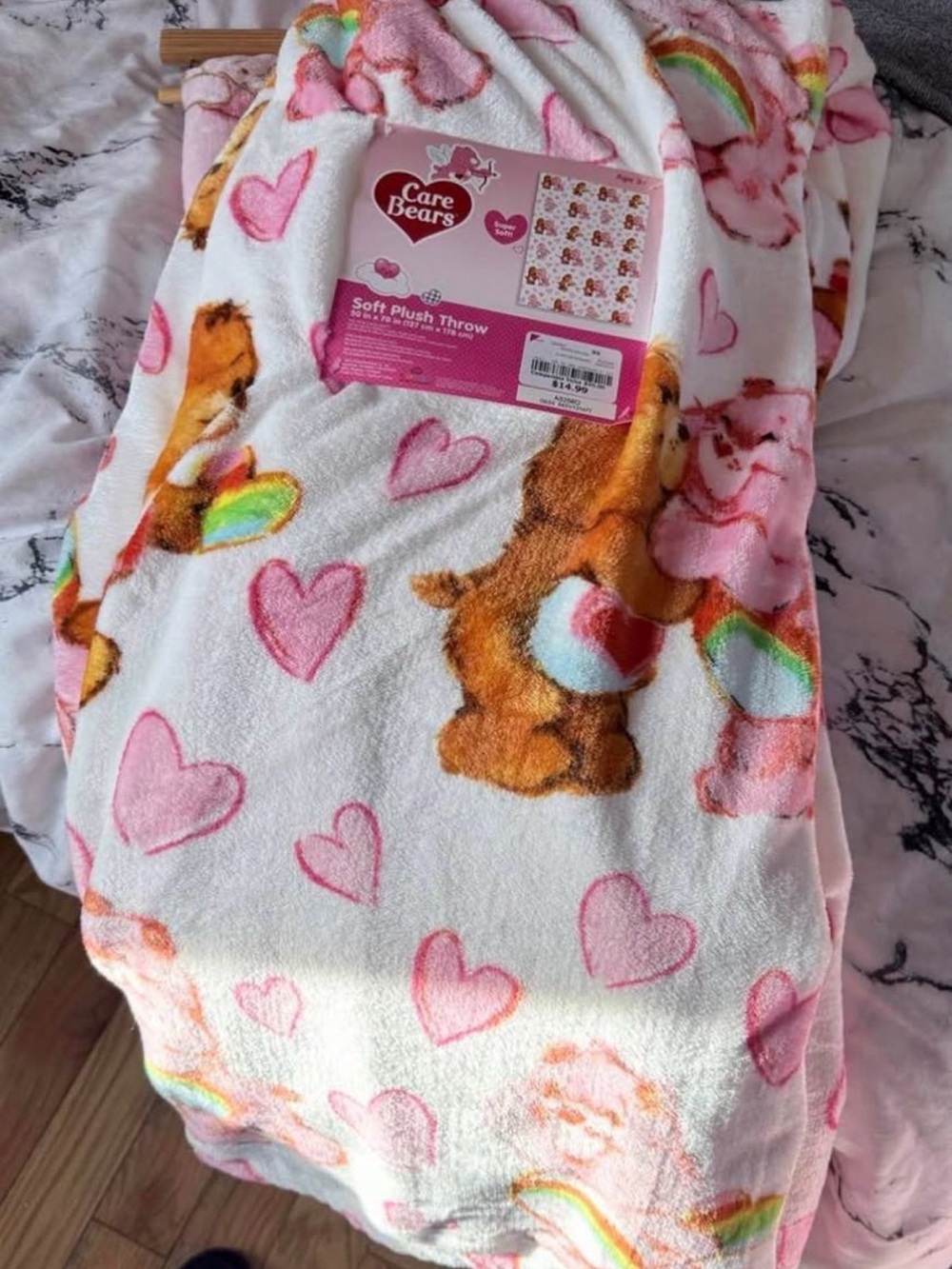 Care Bears Pink and White Plush Throw with Rainbow Hearts